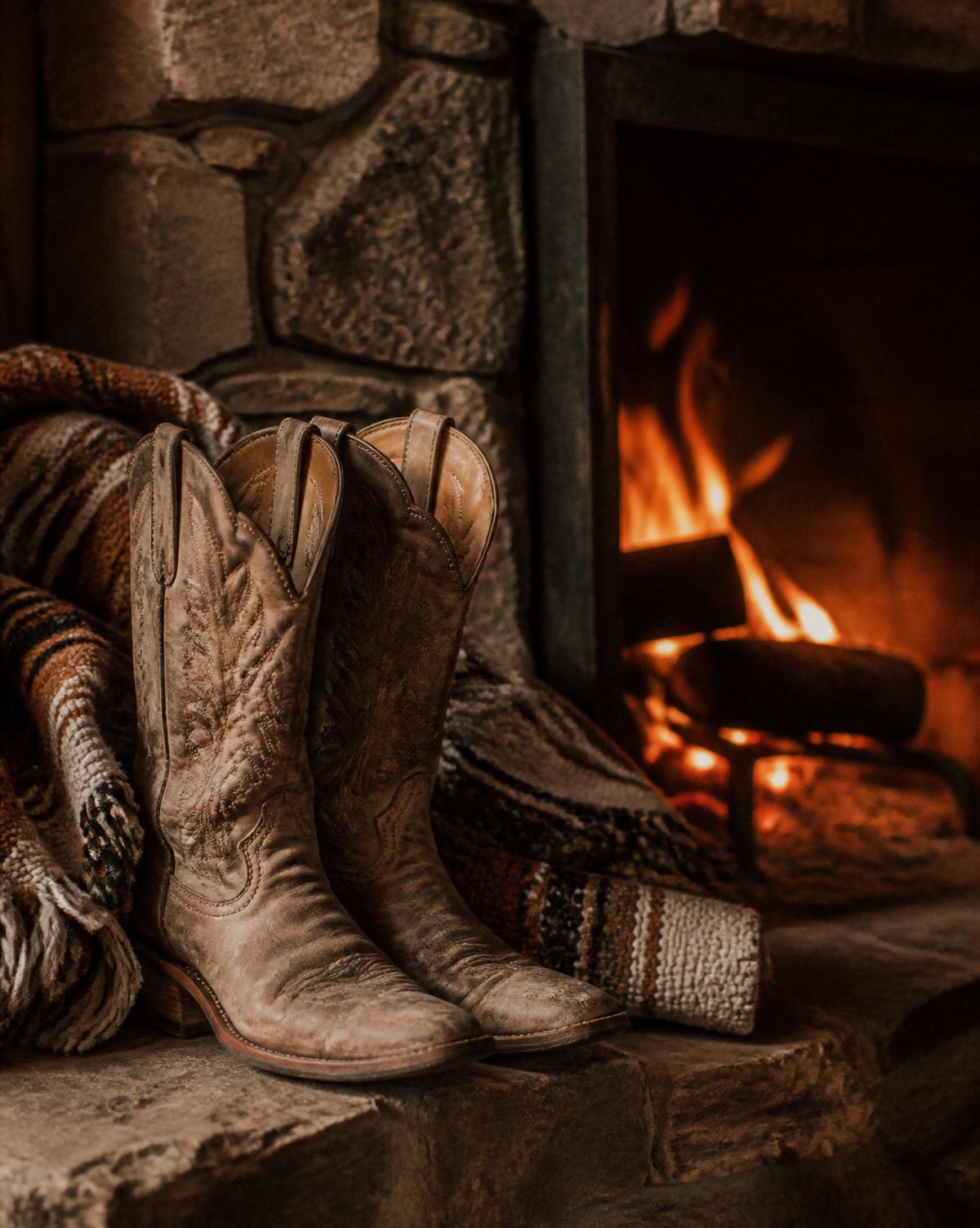 Botas western de couro em cabana com lareira