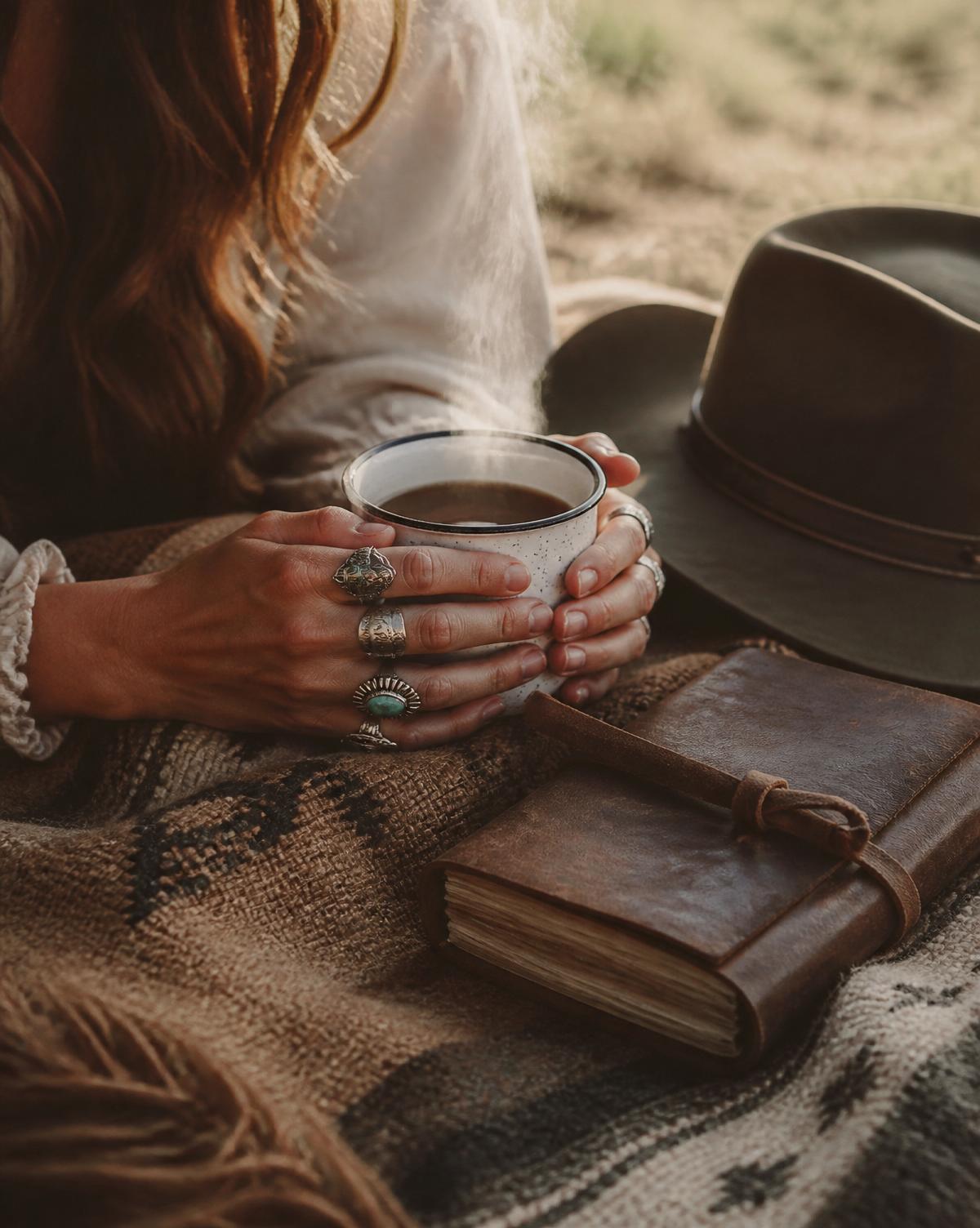 Mãos com anéis segurando caneca de café ao lado de chapéu e diário de couro