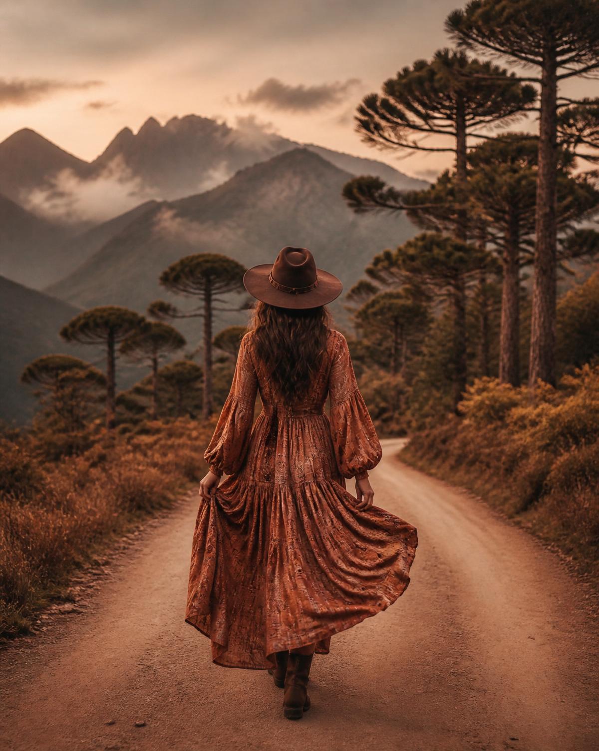 Mulher com vestido boho e chapéu caminhando por estrada de terra em direção às araucárias